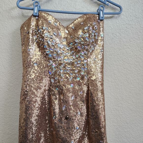 Peach Gold Sequin Beaded Rhinestone Strapless Evening Gown 6 Mermaid Style Flowy - Picture 2 of 4